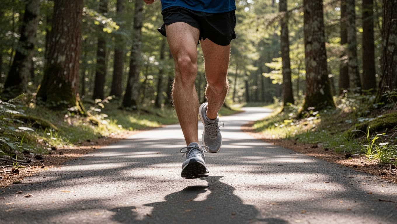 A close-up shot focuses on the legs and athletic shoes of a runner captured mid-stride. The paved path winds through a peaceful, sunlit forest with soft shadows on the ground.