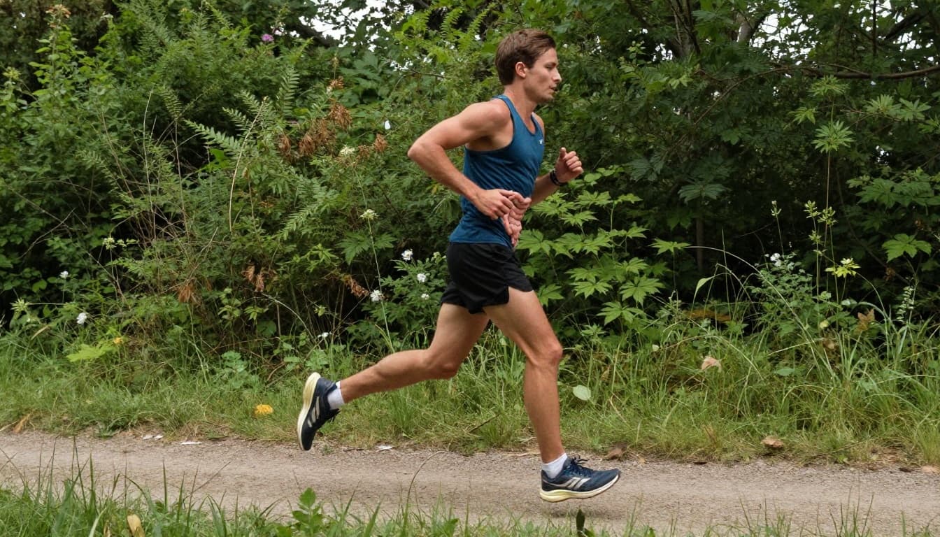 A runner stands on a dirt trail, catching their breath during an outdoor exercise session.