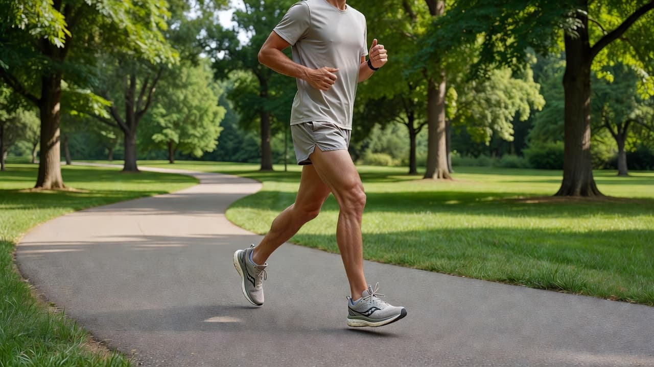 A runner with neutral athletic shoes moves along a smooth paved path through a sunlit park. The side profile view highlights the supportive fit of the footwear during a long workout.