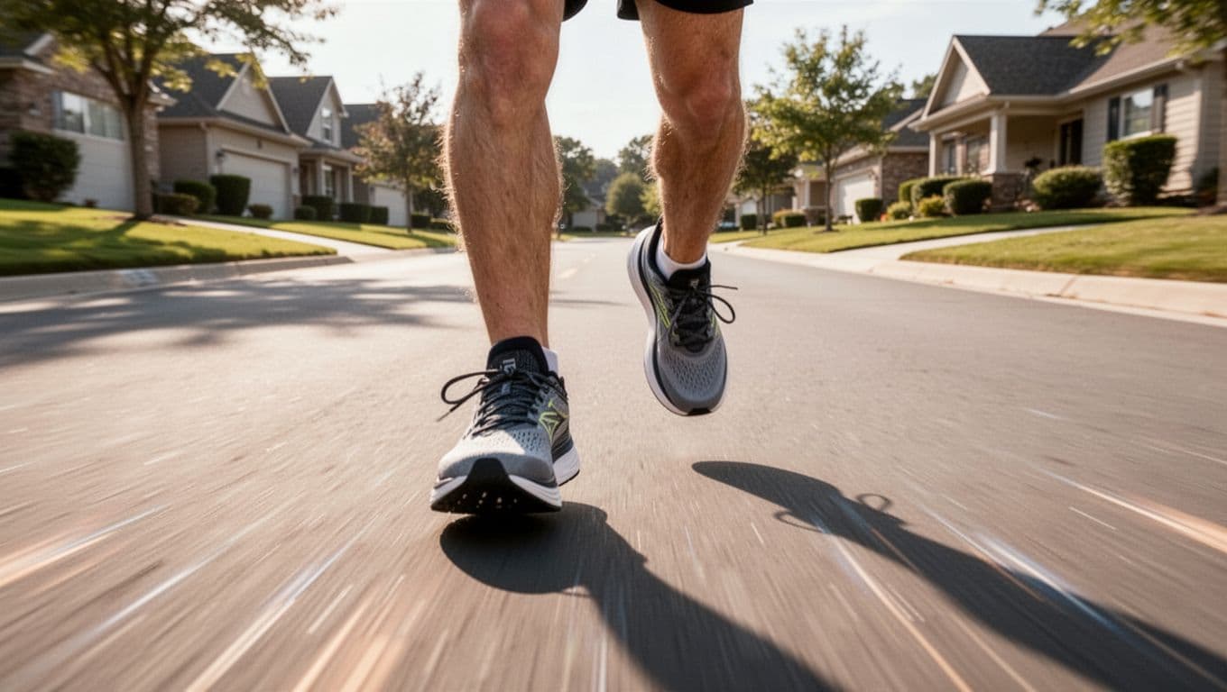 A first-person view shows feet hitting the asphalt in lightweight running sneakers. The motion blur on the edges conveys speed, while the bright daylight emphasizes the smooth texture of the road.