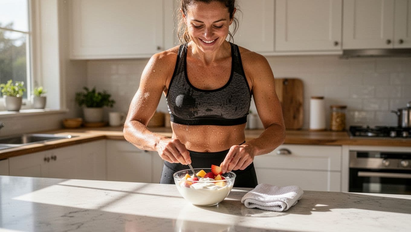 A sweaty runner in fitness clothes prepares a healthy snack of yogurt and fruit at the kitchen counter, with a towel nearby and a satisfied expression, in bright natural light in a simple home setting.