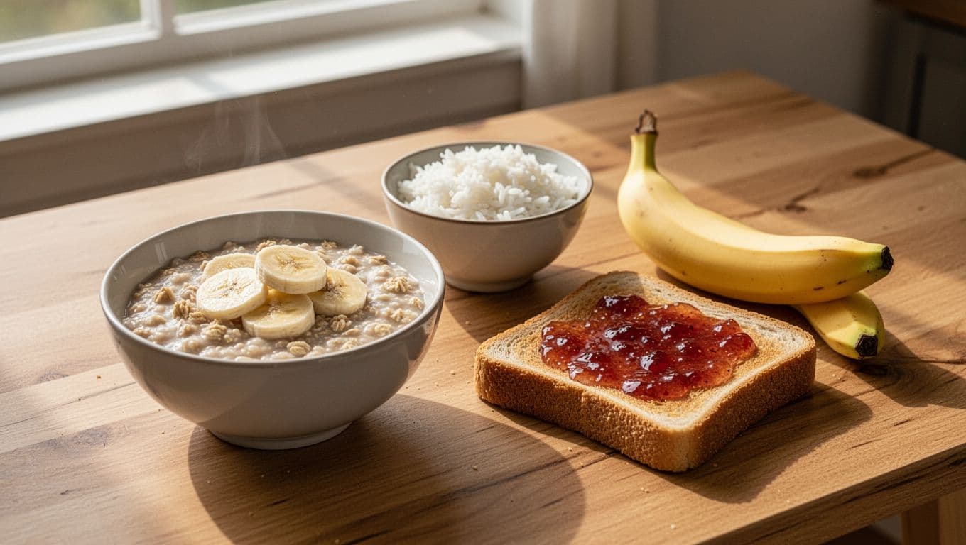 Bowl of oatmeal topped with sliced banana, small bowl of plain white rice, and toast with jam on a simple wooden kitchen table, illuminated by soft morning sunlight through the window. Realistic photo highlighting easy-to-digest carbs for pre-long run energy, no people or extra items visible.