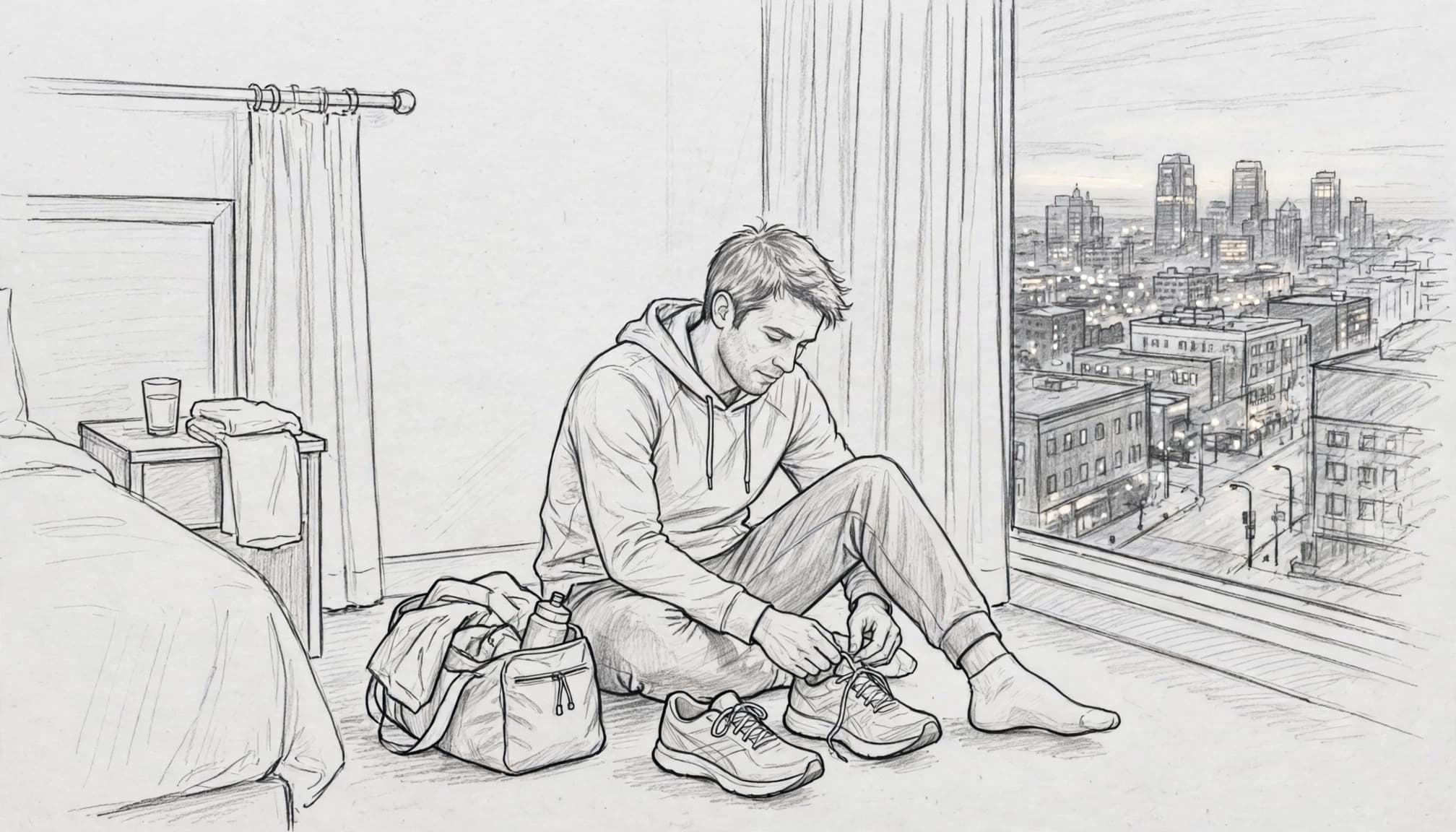 A runner prepares race shoes beside a small bag in a hotel room before dawn.