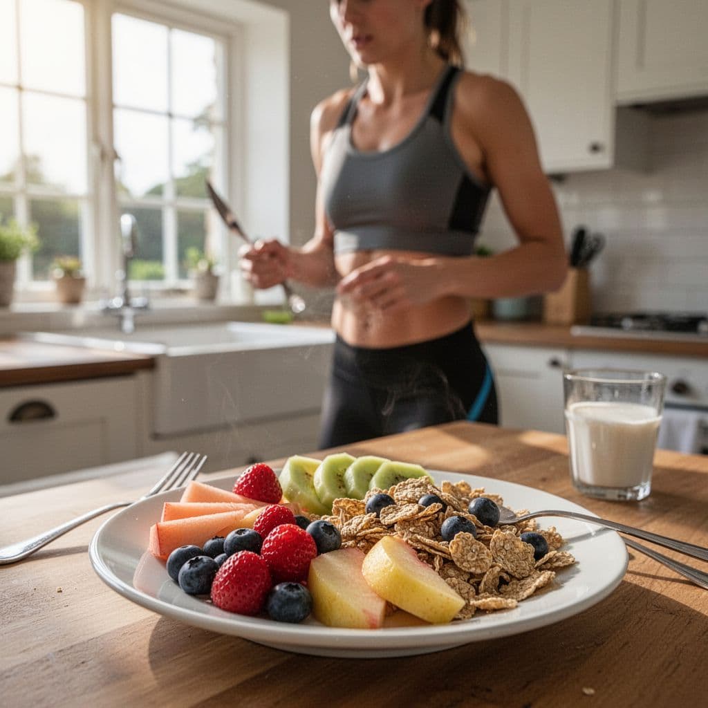 A runner prepares a balanced breakfast of fresh fruit and whole grains in a sunlit kitchen.
