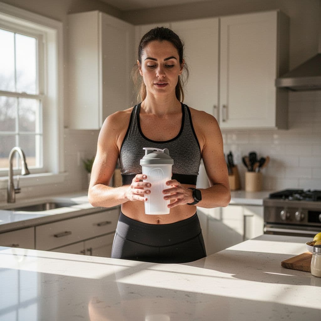 A runner in athletic gear stands in a bright kitchen holding a plain protein shaker bottle.