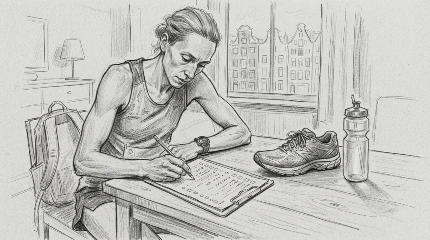 A runner checks a list beside a shoe and water bottle.