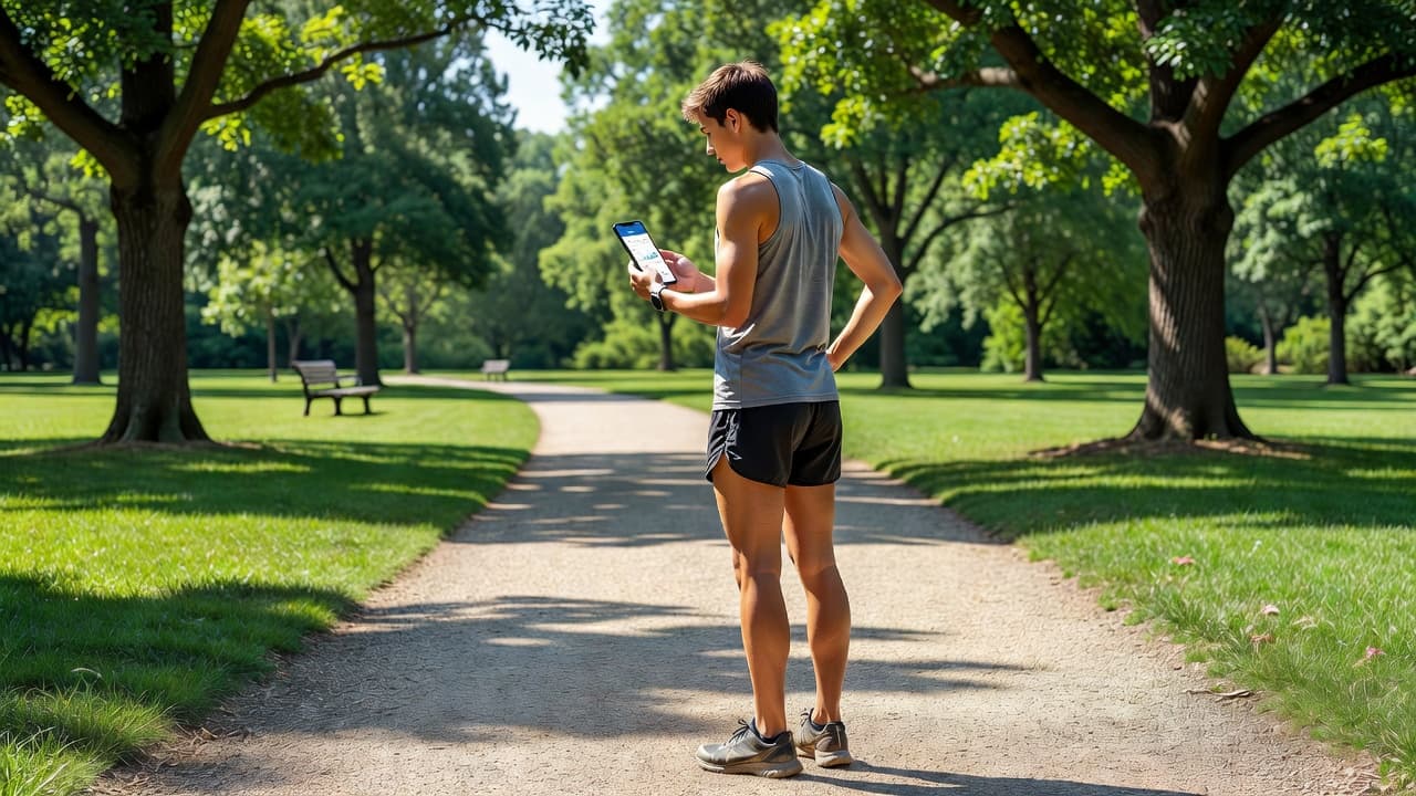 An athlete in performance gear stands on a grassy park path while intently viewing training data on a smartphone. Sunlight illuminates the scene as they pause their workout to track progress.