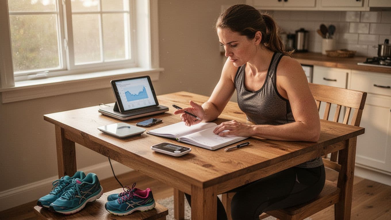 A focused runner in athletic wear sits at a wooden kitchen table in soft morning light, reviewing an open notebook with a pen, digital scale, running shoes nearby, and a smartphone showing a chart.