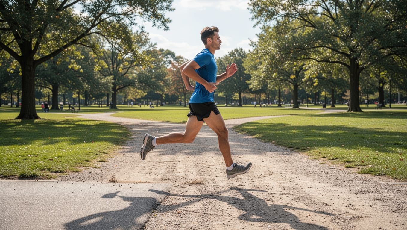 Runner mid-stride shifts from paved road to gravel trail in sunny park.