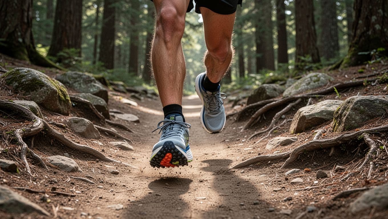 A runner in mid-stride transitions from a paved asphalt road to a rugged dirt trail filled with rocks and roots, highlighting road-to-trail hybrid running shoes with visible lugs and lightweight design. The focus is on the feet and shoes in a dynamic forward motion within a natural forest background under soft natural daylight.
