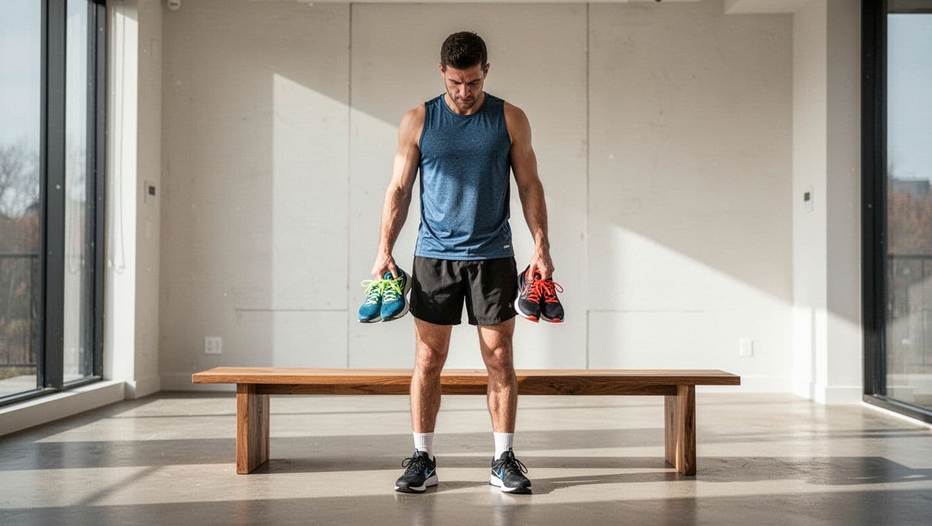 A focused runner stands before a wooden bench in a sunlit room, weighing the differences between two distinct pairs of sneakers. The clean interior space creates a quiet, contemplative athletic environment.