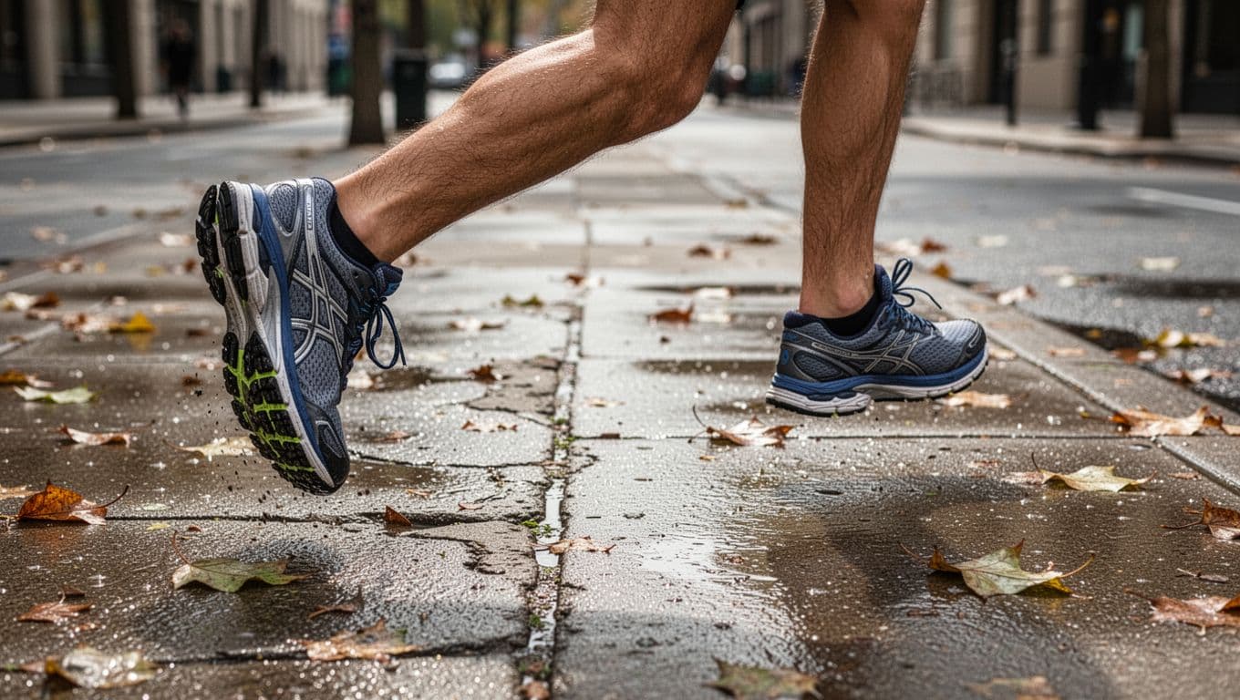 A close-up side view captures athletic running shoes pressing onto a damp city sidewalk. The textured outsoles make contact with uneven pavement, while fallen autumn leaves lay scattered across the slick surface.