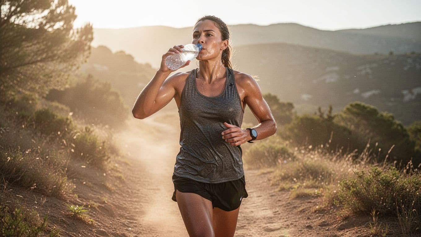 Runner sips clear electrolyte bottle mid-stride on dusty summer trail under intense sun, sweat on skin.