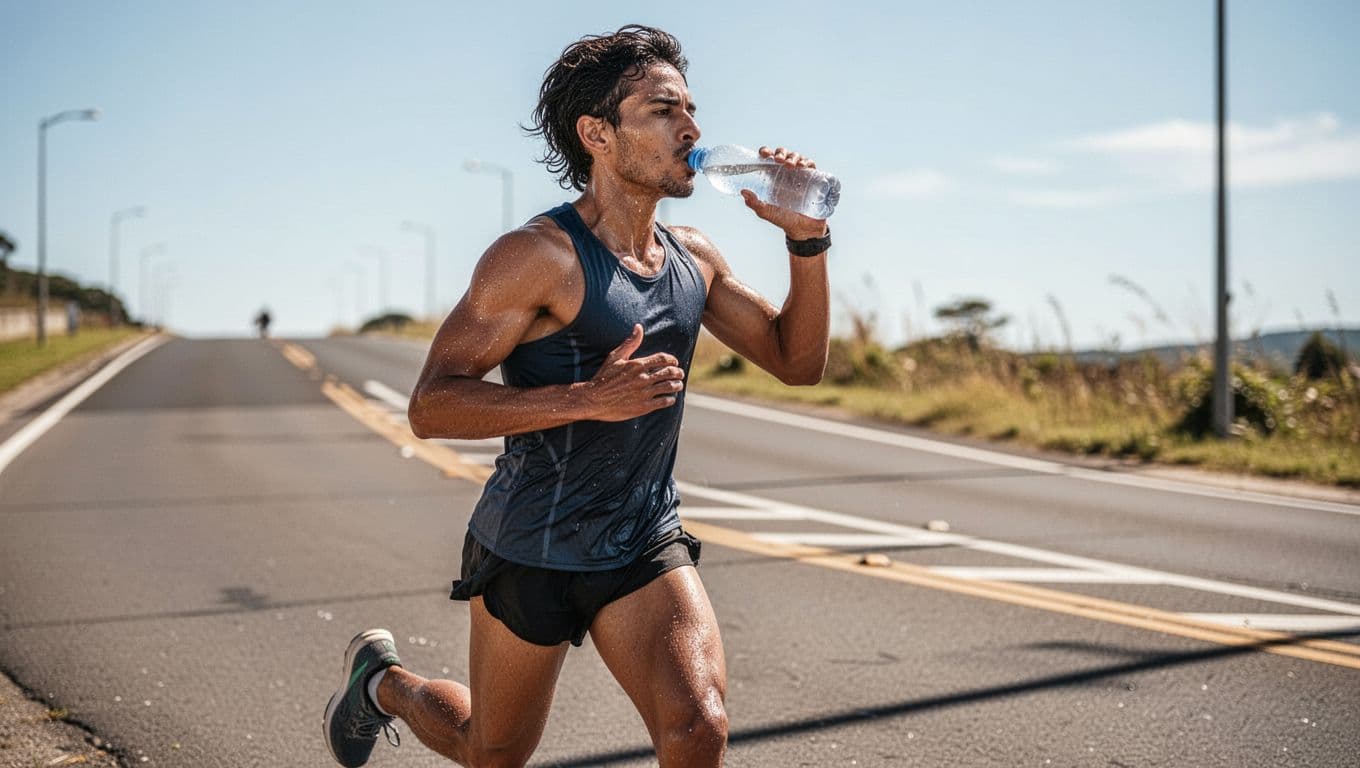 A single runner mid-stride on a paved road during a moderate-paced run pauses to sip from a handheld water bottle, with light sweat on skin in sunny weather, dynamic side-angle realistic photography.