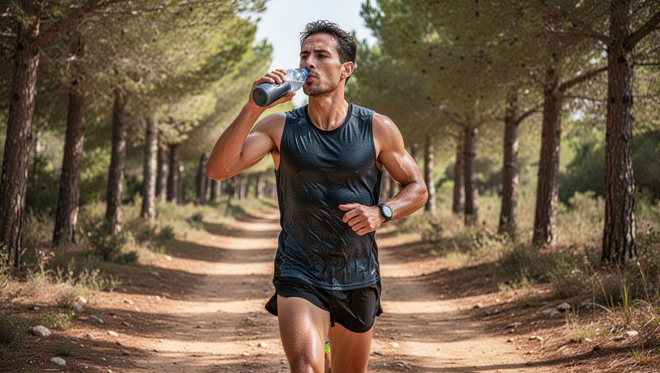 Runner mid-stride on sunny dirt trail sips from handheld water bottle, wristwatch on wrist, sweat on skin.