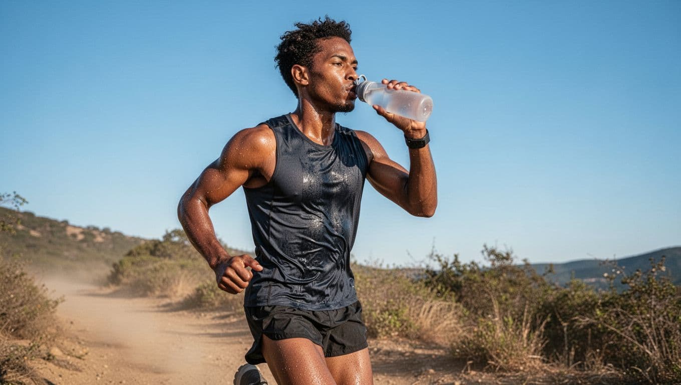Athletic runner sips from handheld water bottle while moving on dirt trail under blue sky, sweat on skin.