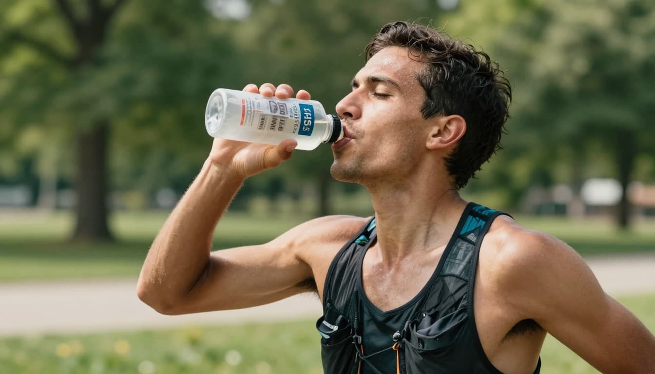 Runner sips from clear handheld soft flask on sunny park path, sweat on forehead, blurred green trees background.
