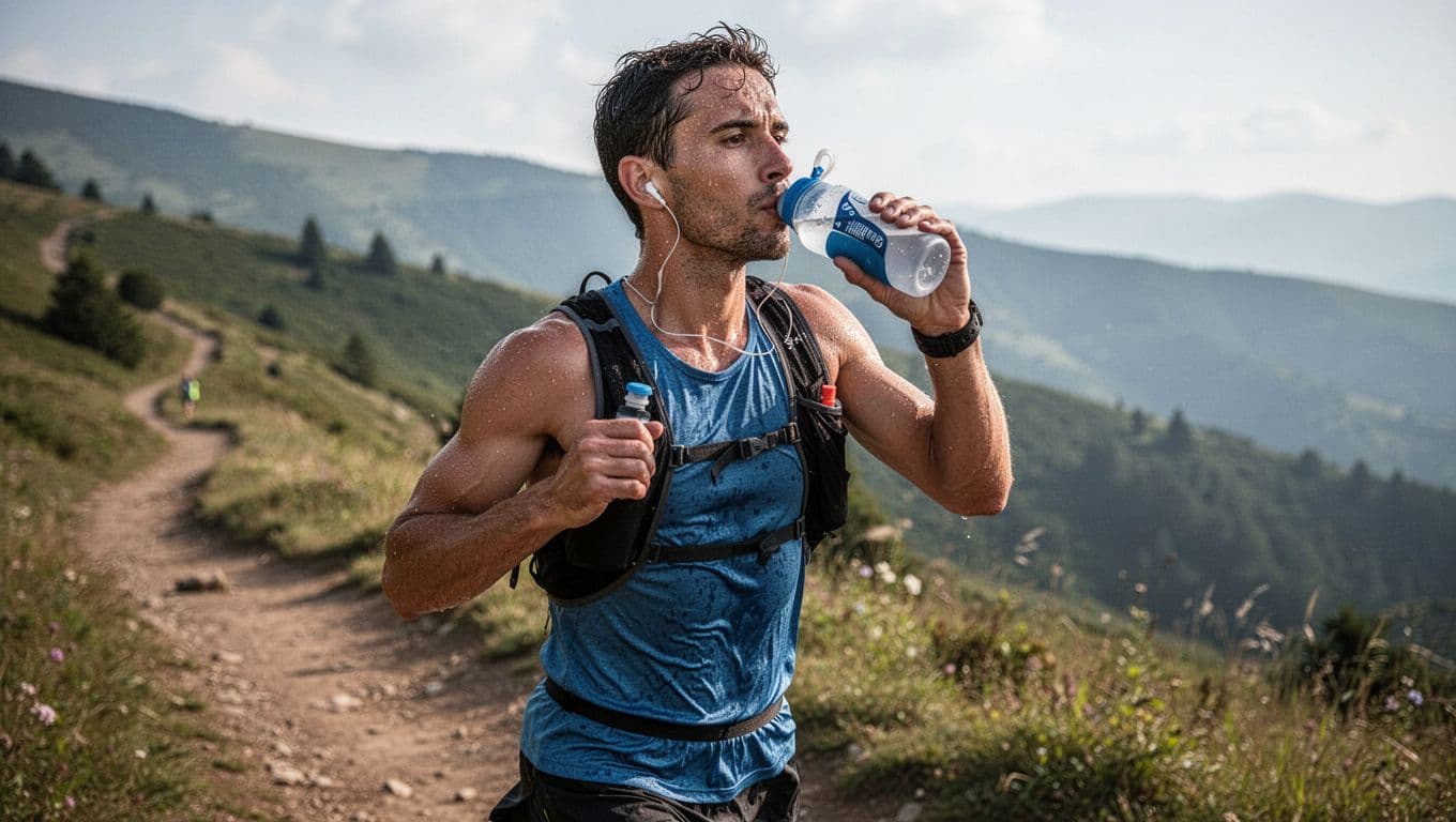 An endurance runner mid-stride on a scenic trail takes a small sip from a handheld water bottle held in the right hand with a relaxed grip. Sweat glistens on the focused face in this dynamic side-angle action shot under natural daylight.