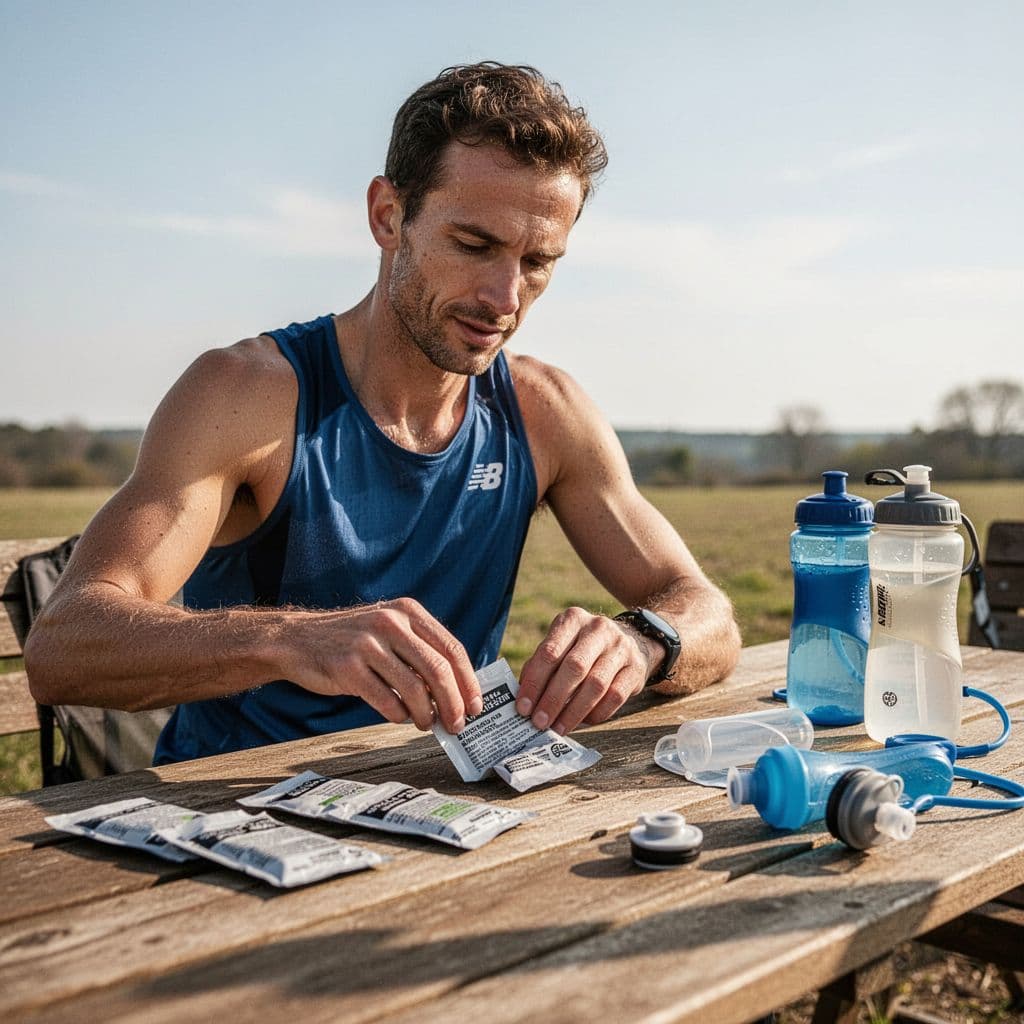 A marathon runner sits at an outdoor table organizing electrolyte packets and hydration gear before a race.