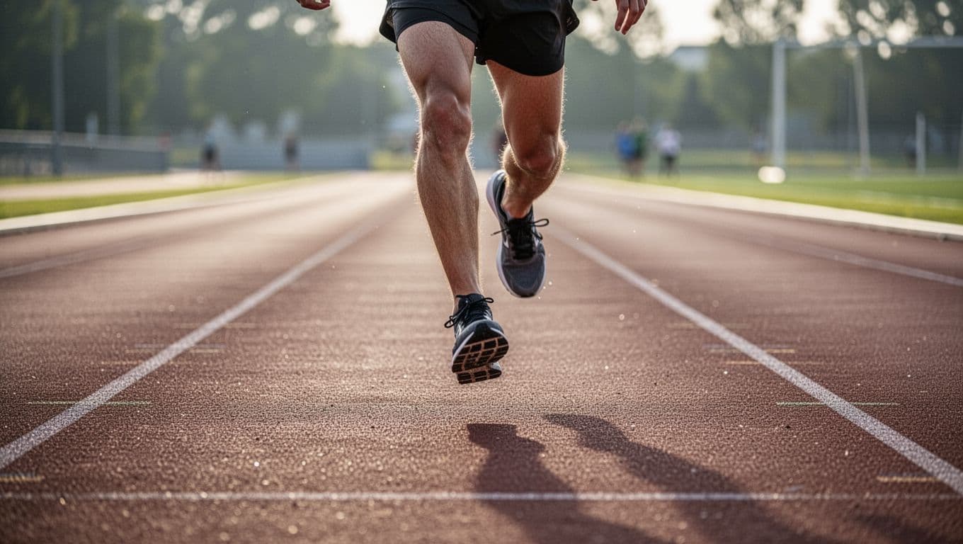 A focused runner mid-stride on an outdoor rubber track with sharp detail on their athletic shoes and the textured surface. Soft natural daylight illuminates the ground during a training session.
