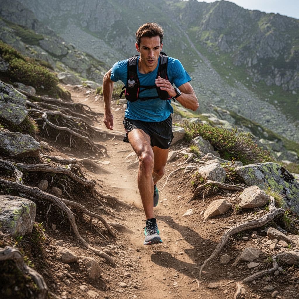 A runner in professional racing shoes sprints along a technical dirt trail with exposed roots.