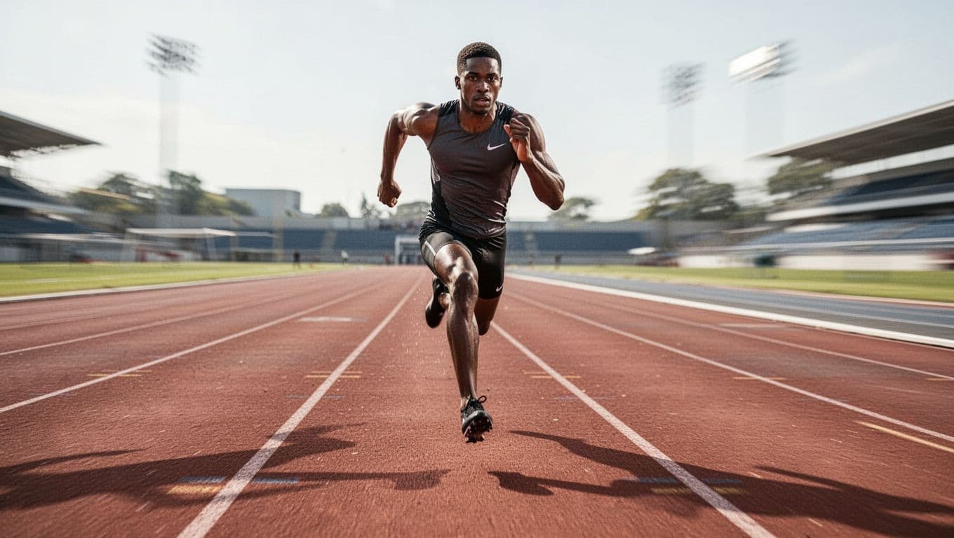 A focused runner in mid-stride sprints fast along a synthetic outdoor athletic track.
