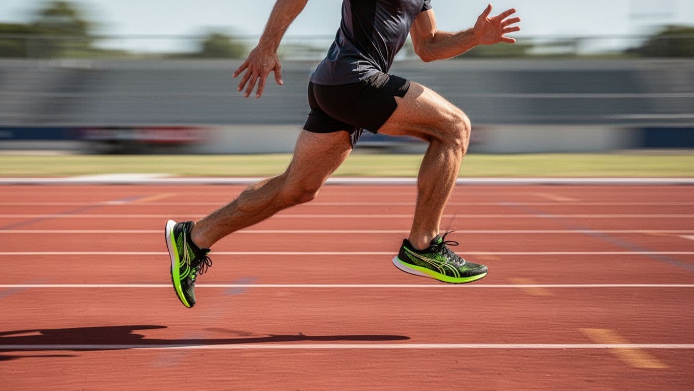 A close-up side view captures the legs of a runner in neon racing shoes sprinting across a red athletic track. Bright daylight creates intense motion blur against the running lane lines.