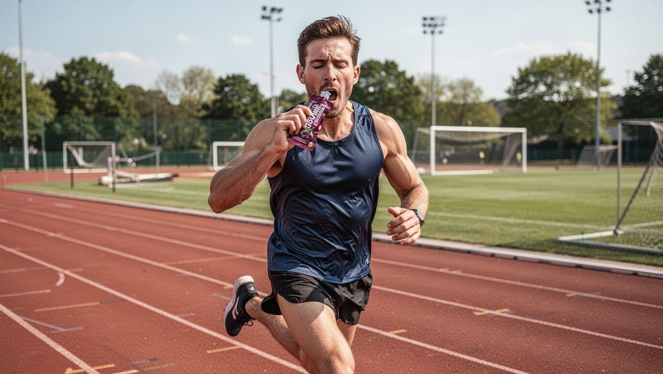 Runner mid-stride on track squeezes black cherry isotonic gel packet into mouth.