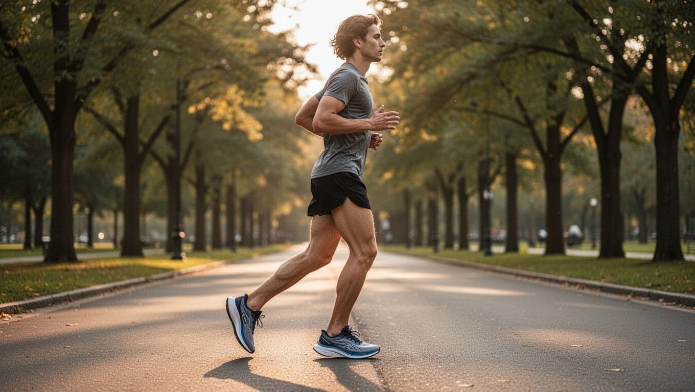 A runner stands on a quiet park road during sunset wearing modern cushioned running shoes.