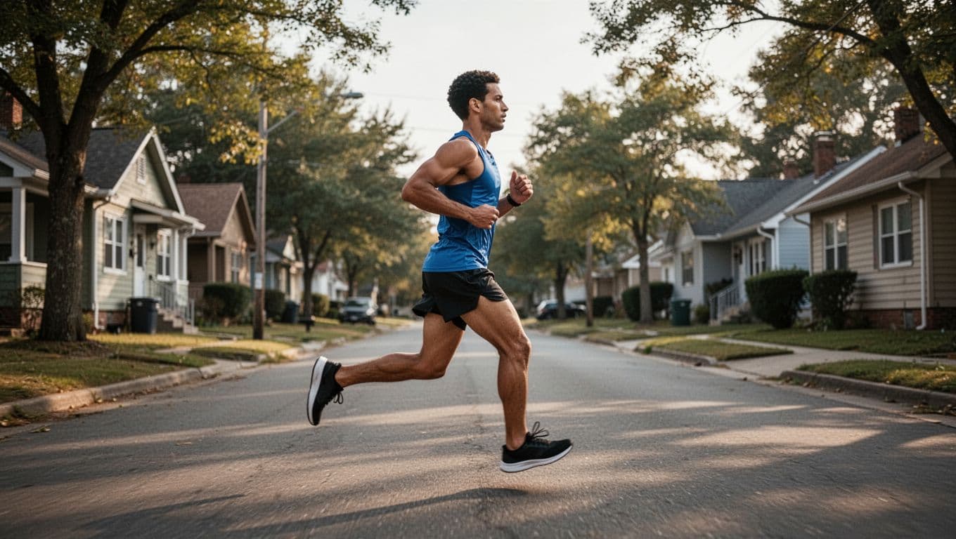 A runner maintains steady form on a quiet paved suburban street during the daylight. The side profile captures the impact of each stride to demonstrate natural foot cushioning and athletic mechanics.