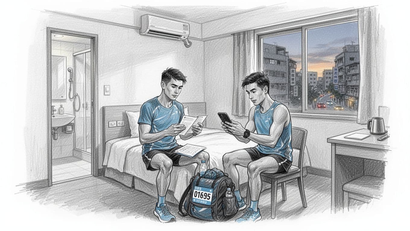 A runner checks a phone beside a packed race bag in a Taipei hotel room.