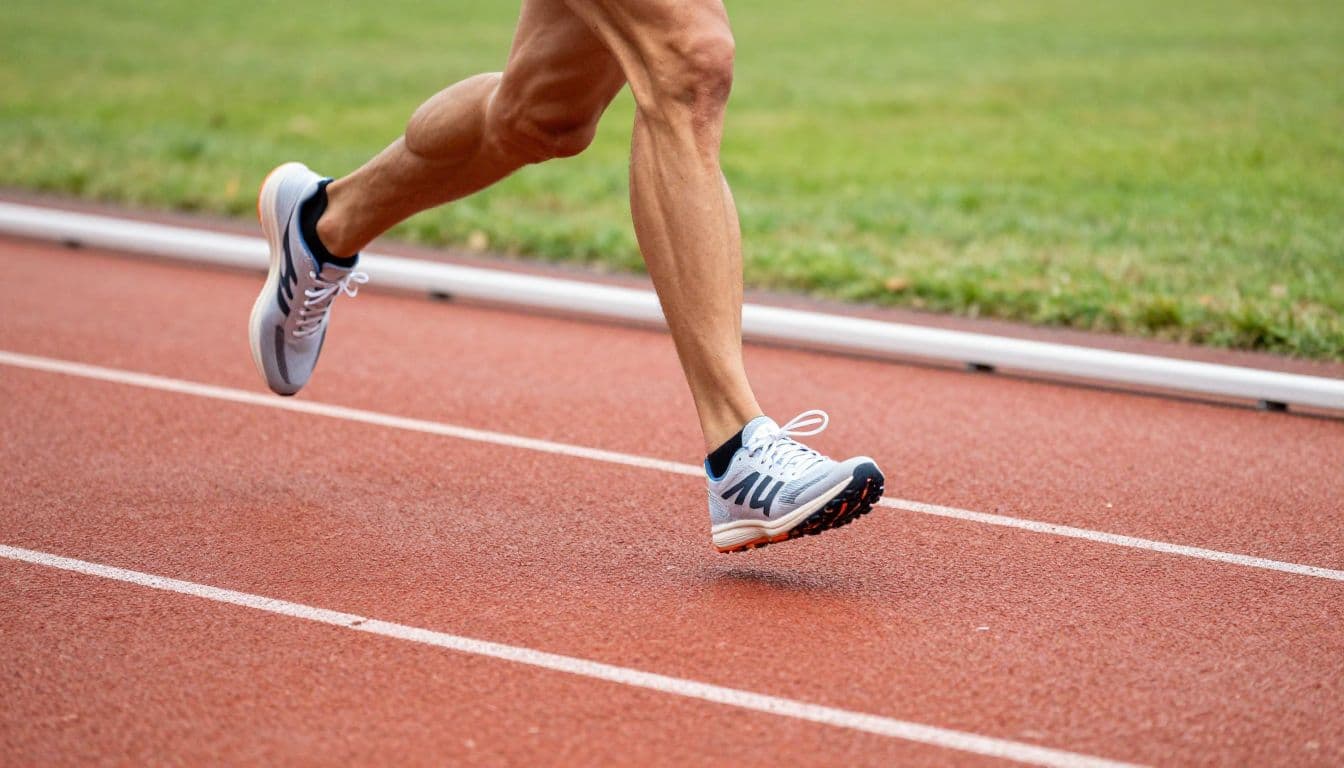 A close-up low angle view captures athletic running shoes making contact with a red synthetic track surface. The blur of motion emphasizes speed during an intense threshold training session in daylight.