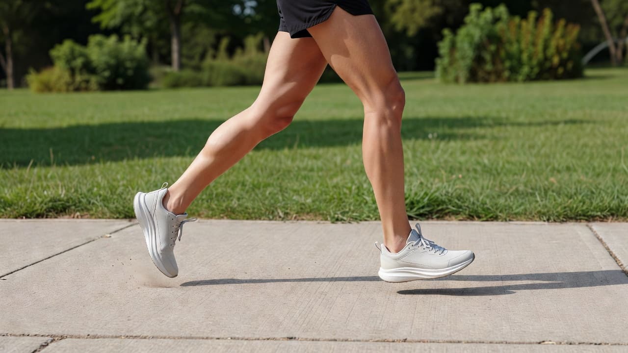 A close side profile captures a runner mid-stride on a smooth park path. The focus highlights the cushioning of the athletic sneakers against the pavement as the runner maintains a steady pace.
