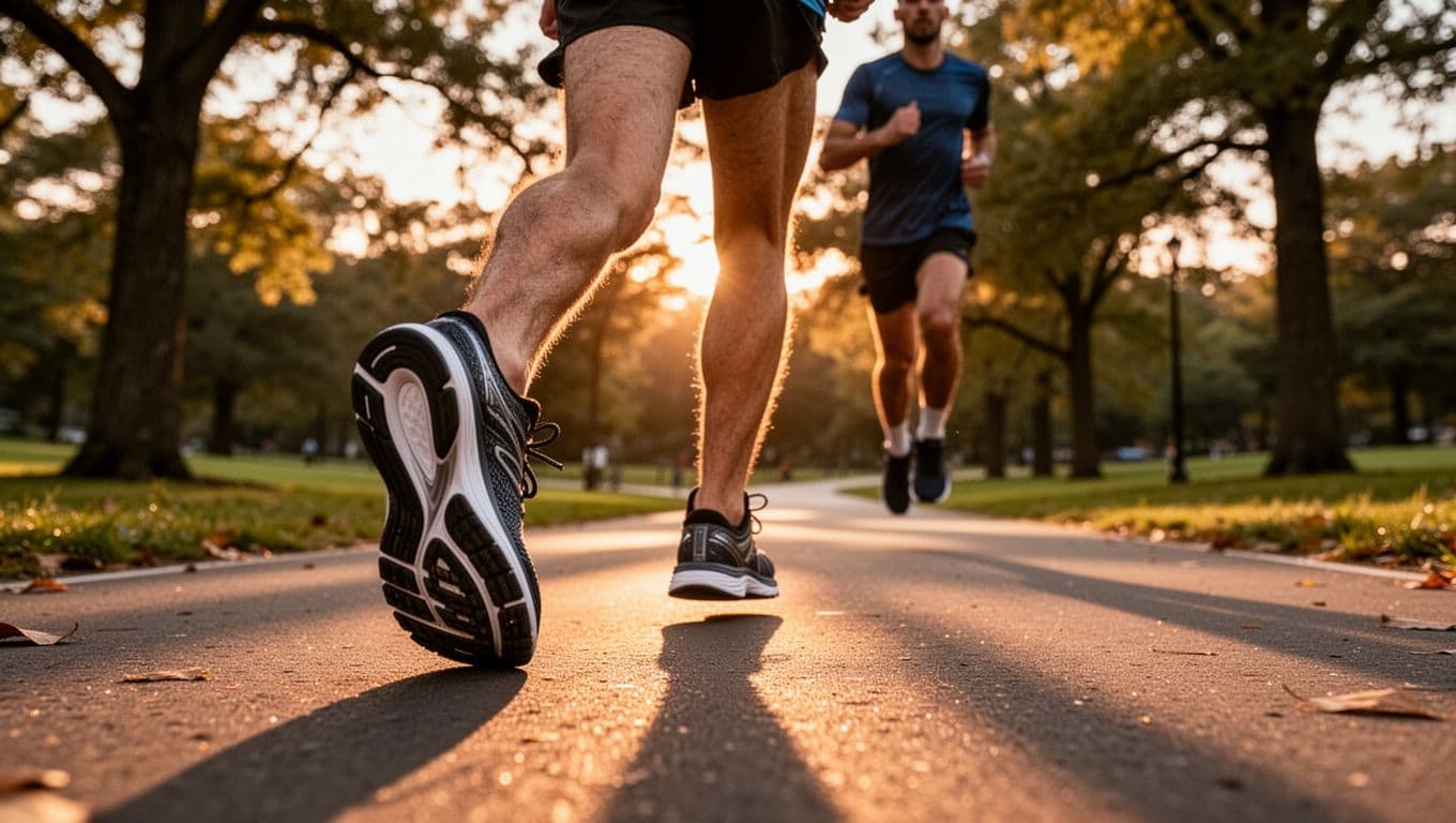 A close-up ground level shot captures a runner wearing athletic shoes on a paved trail. Golden sunset light illuminates the foam cushioning during a stable foot strike near vibrant park trees.