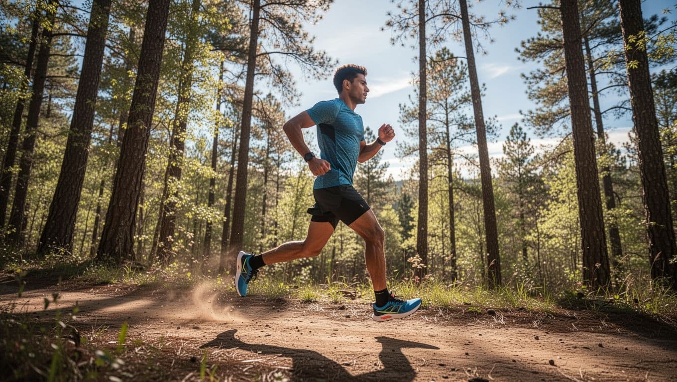A focused runner traverses a dusty forest path wearing technical trail shoes. The side profile captures the runner in bright daylight, surrounded by soft green trees and natural woodland terrain.