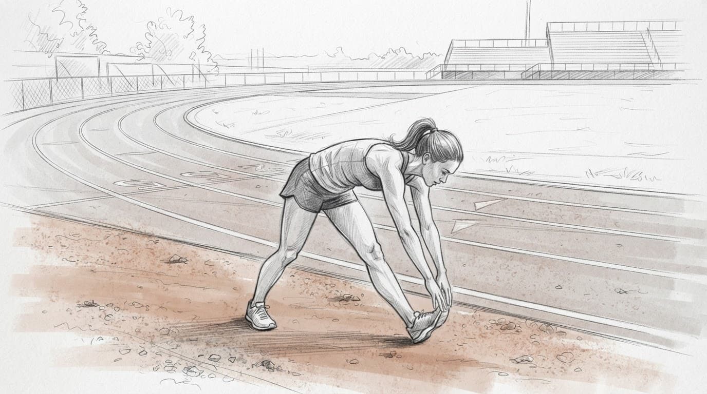 A runner stretches beside a marked track in a graphite sketch.