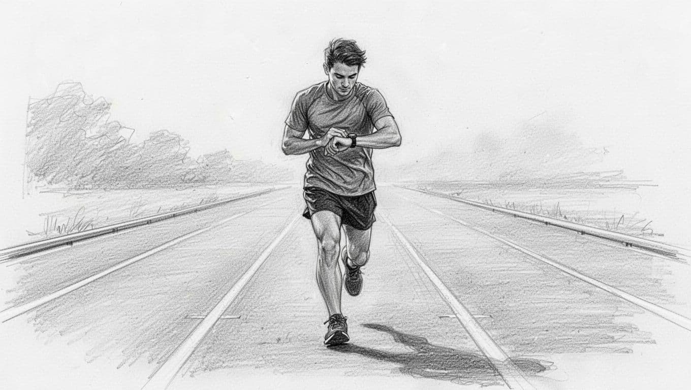 A runner checks a watch while standing on a marked track.