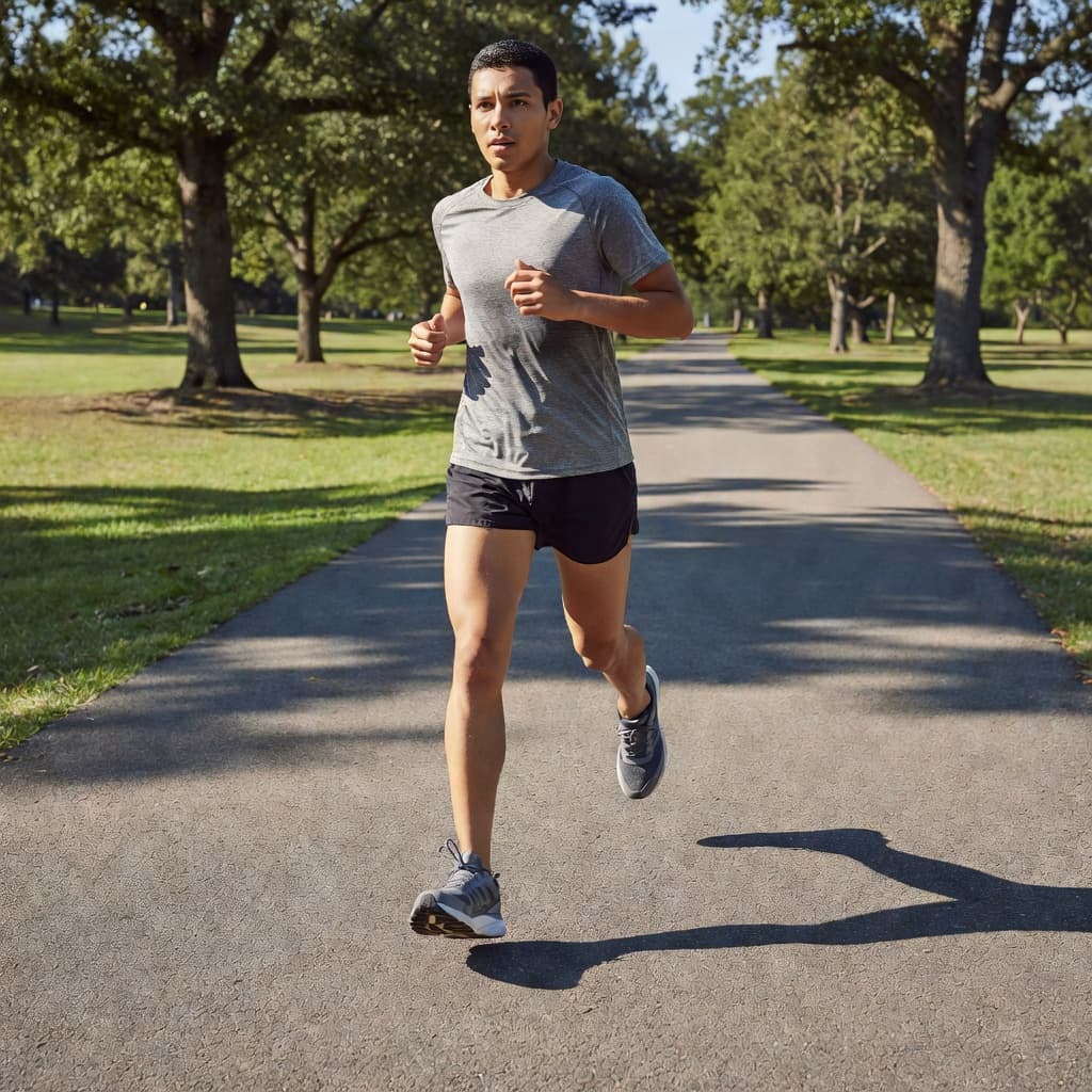A focused runner wearing supportive athletic footwear glides across a paved trail surrounded by lush park greenery. The side-angle view captures steady mid-stride form during a bright afternoon training session.