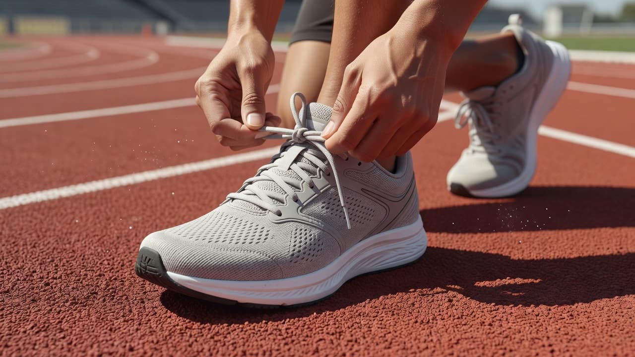 A close-up view captures a runner kneeling on a red synthetic track. Their hands pull at thin laces on high-performance sneakers, highlighting the structural design of the wide toe box area.