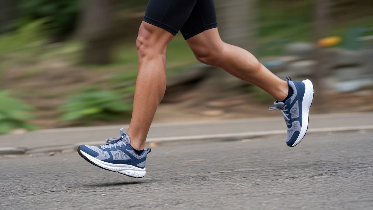 A close-up view focuses on athletic running shoes mid-stride along a grey asphalt path. The runner's feet are captured with motion blur in the background, emphasizing a steady, active outdoor pace.