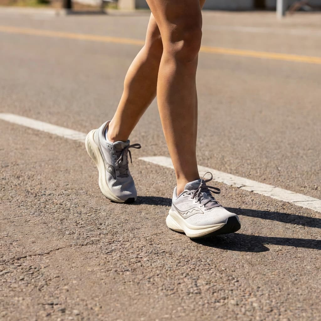 A side view focuses on neutral running shoes striking a grey asphalt road. The athlete is captured in mid-stride during a bright, sunny afternoon with natural outdoor lighting on the pavement.