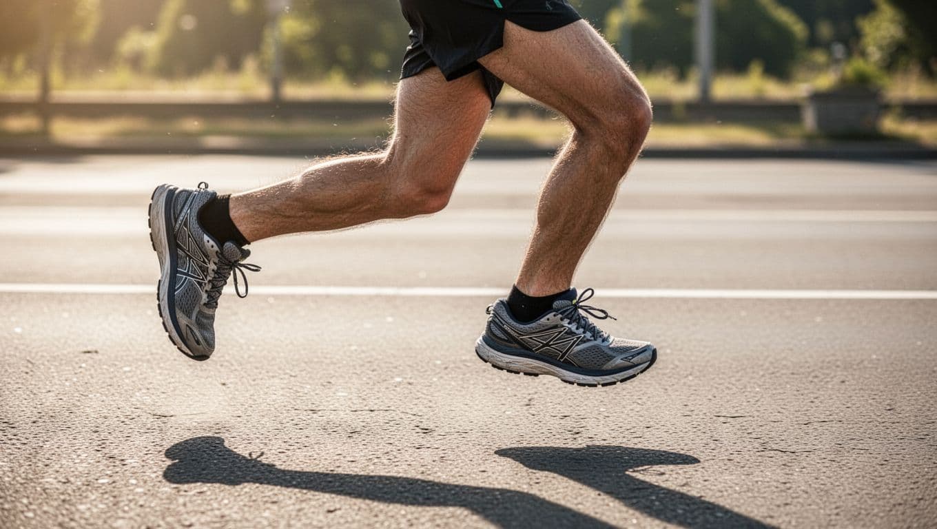 A side profile view captures a runner's legs and feet encased in sturdy, performance-grade shoes while sprinting along a paved asphalt road under the bright glare of a warm afternoon sun.