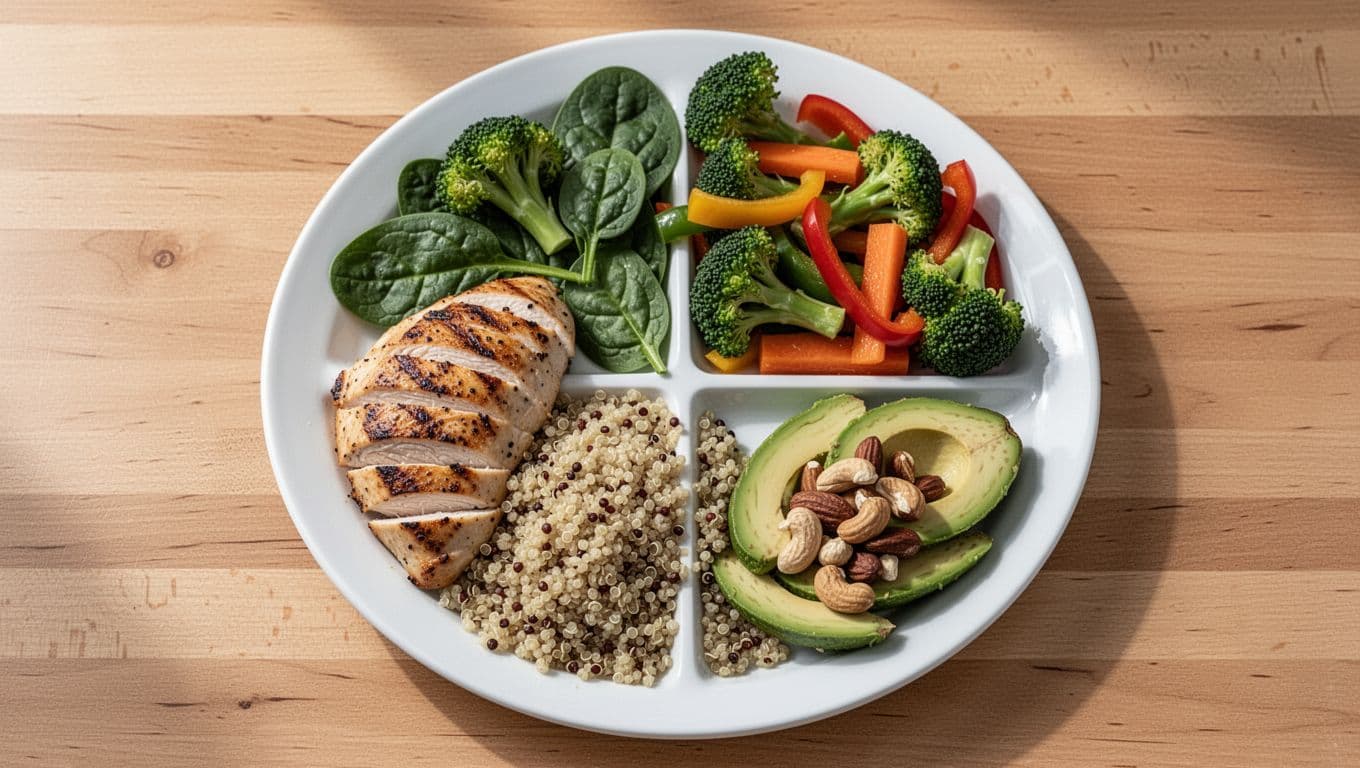 Balanced meal plate for runners on a simple white plate divided into quarters: grilled chicken breast, quinoa, colorful mixed vegetables, with avocado slices and nuts. Top-down composition on wooden table with bright natural lighting in realistic food photography style.