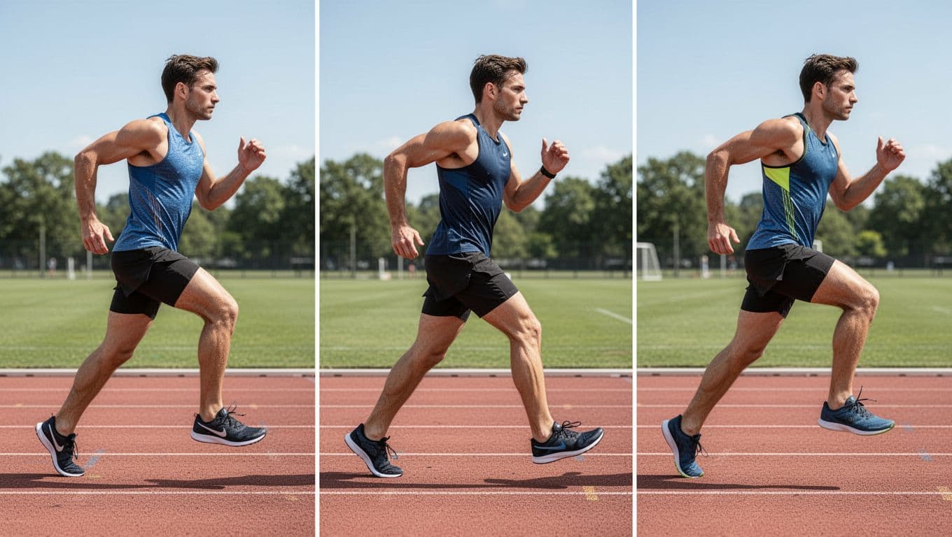 Side-by-side split view of three runners from side profile demonstrating heel strike, midfoot strike, and forefoot strike in mid-stride on a sunny outdoor track.