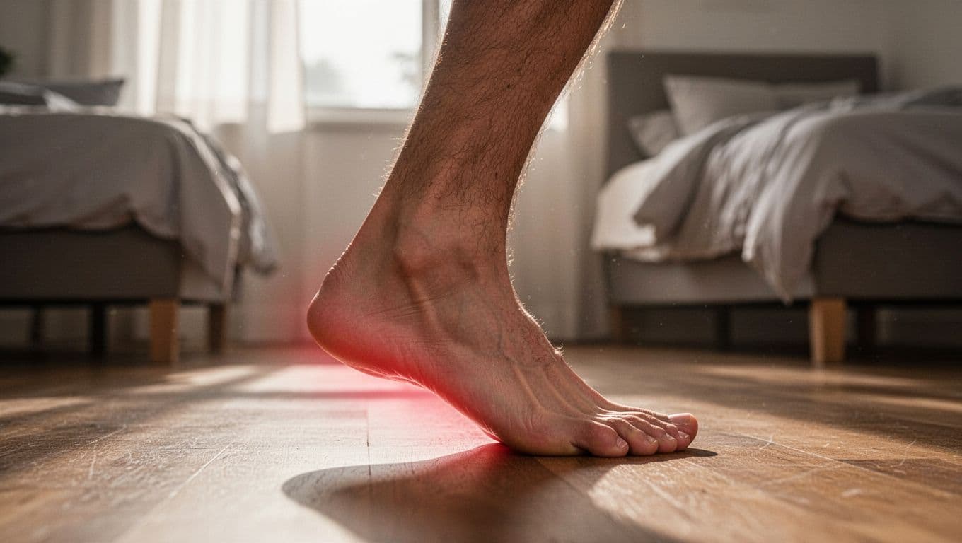 Close-up profile view of a runner's bare foot with pronounced high arch and rigid structure stepping onto a hard floor in bedroom morning light, highlighting heel contact with subtle pain on the leg.