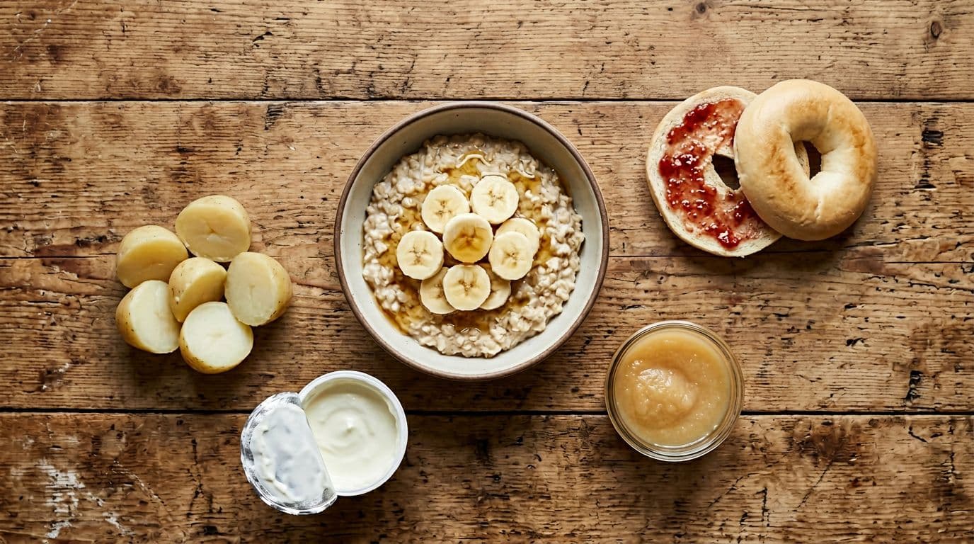 Top-down view of a runner's ideal pre-race breakfast on a wooden kitchen table bathed in soft morning sunlight, featuring exactly five items: plain oatmeal topped with banana slices and honey, sliced plain bagel with thin jam, small cup of applesauce, boiled potato halves, and a small yogurt cup.