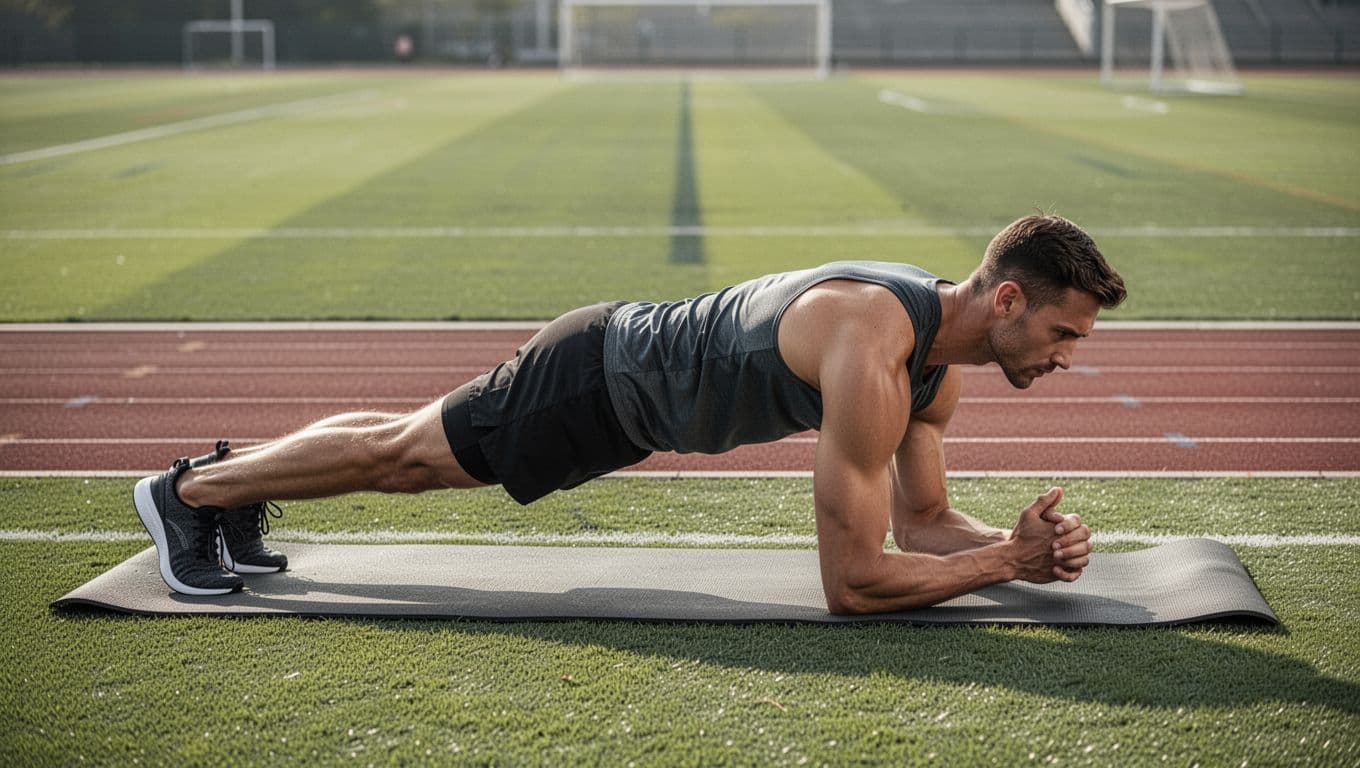 Athletic male runner in running gear performs a perfect full plank on a mat outdoors on a grassy field near a track, dynamic side view showing straight body alignment from head to heels with engaged core and no sagging.
