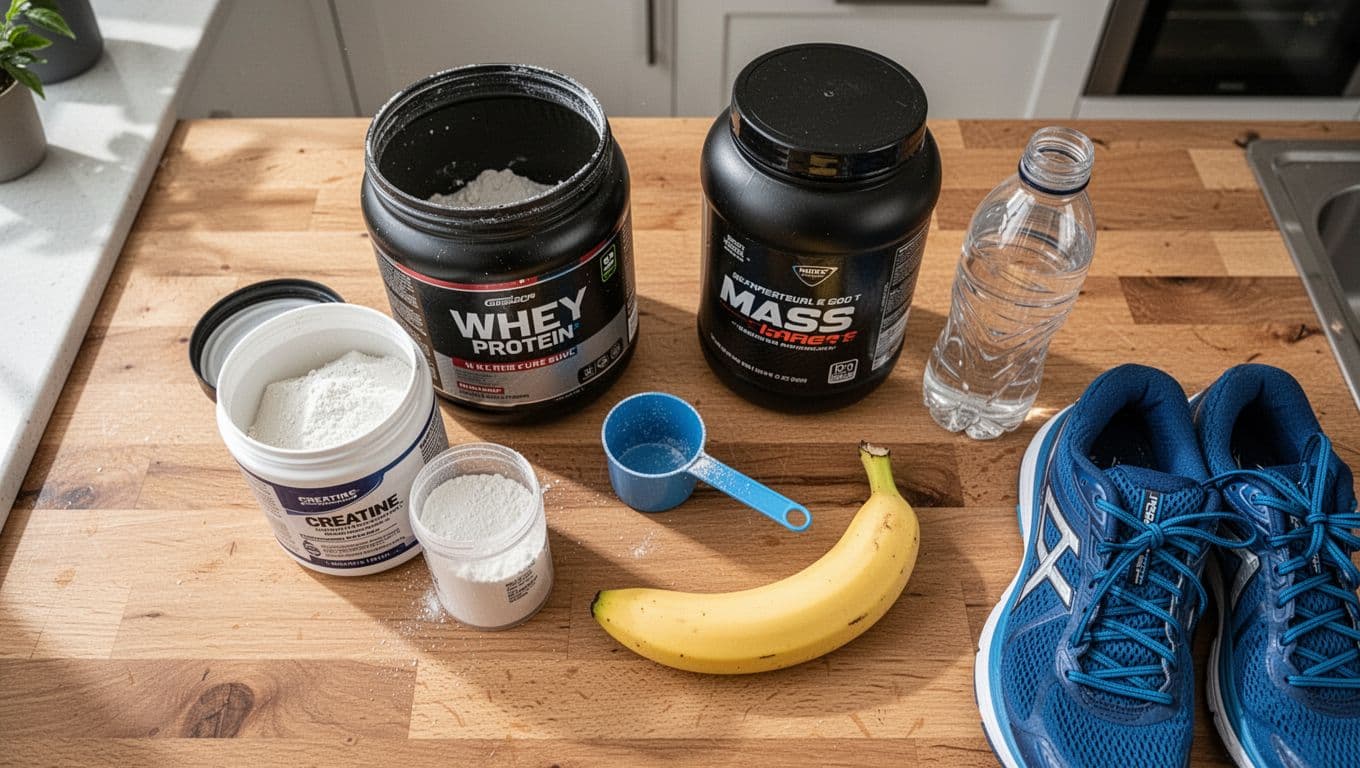 Top-down view of runner's supplement setup on wooden kitchen counter including open whey protein tub, creatine powder scoop, mass gainer jar, fresh banana, water bottle, and running shoes nearby. Realistic still life photo in bright natural daylight with clean composition, no people, text, or labels.