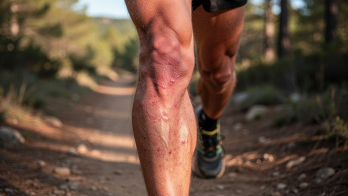 Close-up of a runner's lower leg calf muscle showing subtle redness and swelling from micro-tears after a long trail run, captured in realistic photo style on a natural outdoor path with soft afternoon sunlight.