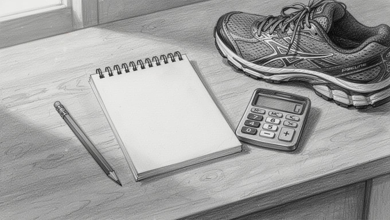 A pencil, notepad, calculator, and running shoe sketched on a wooden desk.